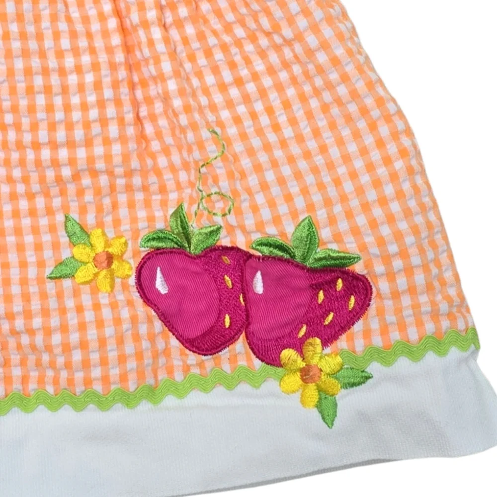 VTG Seersucker Dress 6-9m Orange White Gingham Embroidered Strawberry Youngland - Picture 4 of 8